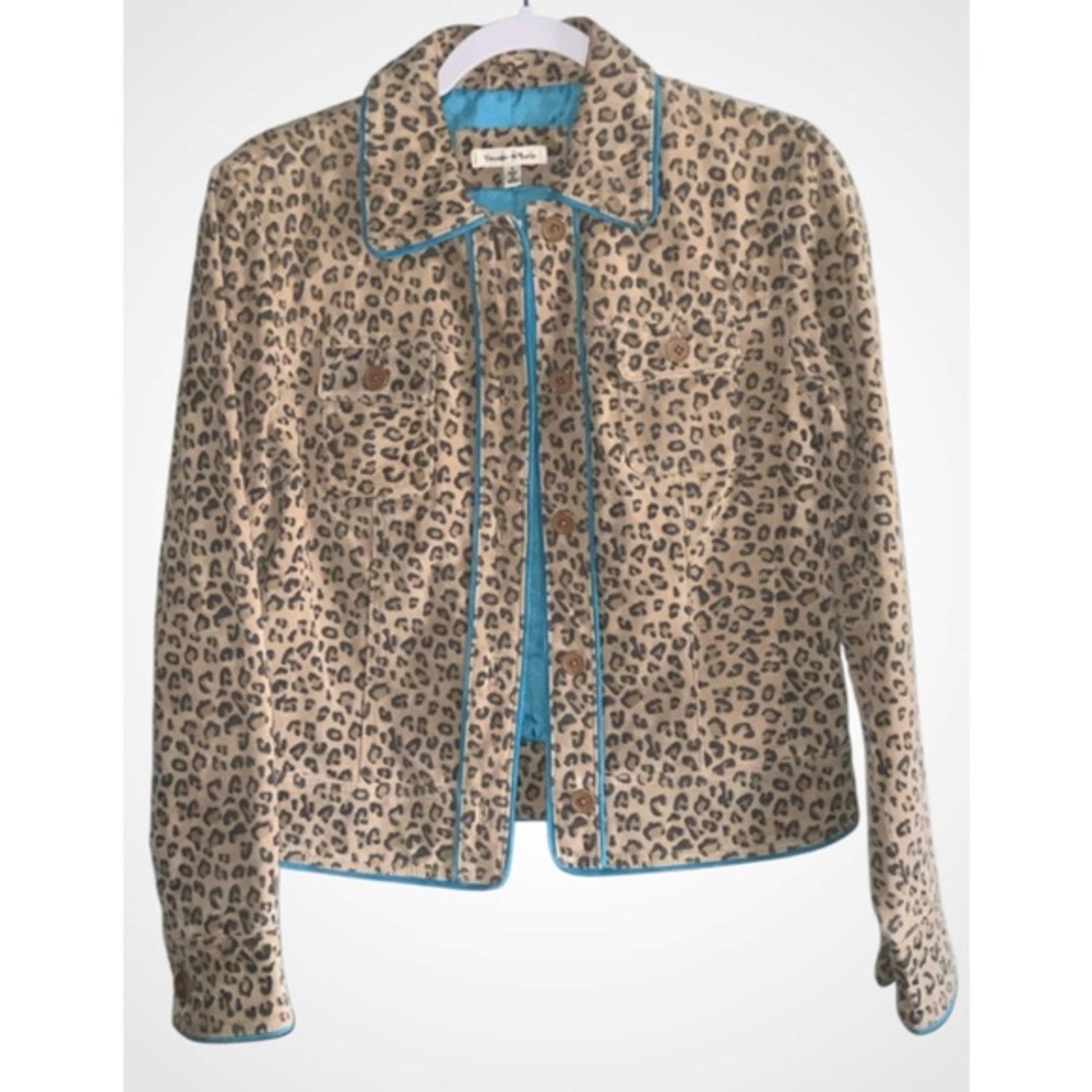 Yvonne & Marie Tan Leopard Print Turquoise Trim 100% Leather Hip Length Jacket 4